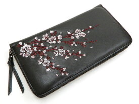 花旅楽団 レザーウォレット SLWL-501 桜刺繍 メンズ 和柄 ラウンドジップ 財布 ブラック 新品