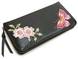 花旅楽団 レザーウォレット SLWL-503 桜と蝶々刺繍 メンズ 和柄 ラウンドジップ 財布 ブラック 新品