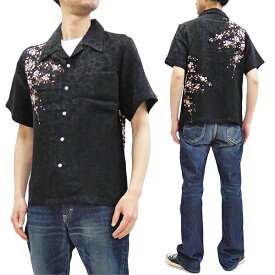花旅楽団 桜刺繍 ジャガードシャツ SS-001 メンズ レーヨン 和柄 半袖シャツ ブラック 新品