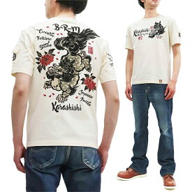 爆烈爛漫娘 Tシャツ RMT-320 唐獅子 エフ商会 メンズ 和柄 半袖tee オフホワイト 新品