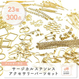 アクセサリー パーツ 金属アレルギー対応 サージカルステンレス316 セット 【ゴールド】 アクセサリーパーツ キット 23種300個 ハンドメイド ピアス 金具 基礎金具 手芸 材料 手作り 素材 手芸用品 アクセサリー材料