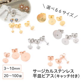 ●＼＼お買い物マラソン 全品P10倍／／ 【毎日発送】【サージカルステンレス 316 】 平皿 丸皿 ピアス ×八の字キャッチ 3mm 4mm 5mm 6mm 8mm 10mm ゴールド シルバー ピンクゴールド 20個〜100個 台座 丸皿 金属アレルギー対策 アクセサリーパーツ 問屋 専門店