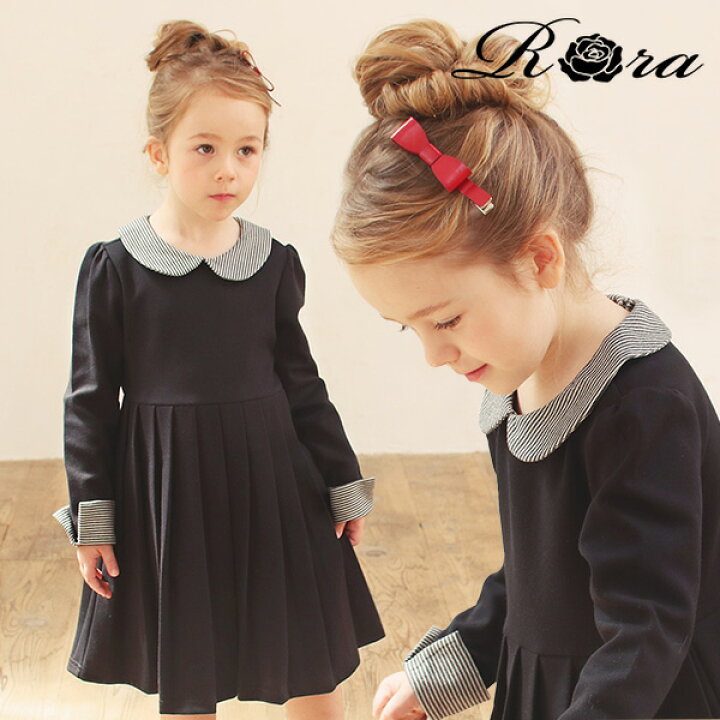 楽天市場 子供服rora ノエミ ワンピース 子供服 フォーマル ワンピース 黒 おしゃれ 上品 大人っぽい キッズ 服 人気 女の子 長袖ワンピース お出かけ 無地 丸襟 入学式 卒園式 冠婚葬祭 プリーツ Aライン 子供服 ピンクキャット