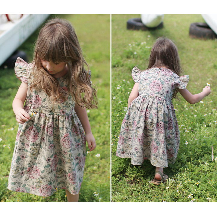 子供服Rora シャンソン リネン ワンピース 子供服 子ども服 ナチュラル 女の子 ワンピース 半袖 ノースリーブ 夏 夏服 キッズ 夏 ワンピース 花柄 総柄 おしゃれ 子ども服 可愛い 人気 ブランド 通販 肩フリル 袖フリル 100 110 120 130 140 150 新品 サマードレス ワンピース コットン キッズ 女の子 シンプル マスタード