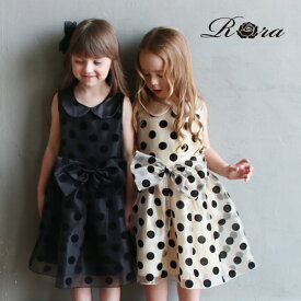 子供服Rora ミラ ドット ワンピース ピアノ発表会 ワンピース ドレス 女の子 子供服 100 110 120 130 140 半袖 フォーマル ノースリーブ 子供 キッズ ドレス 発表会 結婚式 クリスマス ふんわり ゴールド ブラック 黒 可愛い おしゃれ キレイ リボン 丸襟 ドット柄 水玉