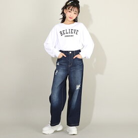 【20％OFF アウトレットSALE】通販限定 ダメージ ワイドデニム ロングパンツ 8117K 子供服 キッズ ジュニア 女の子 PH 小学生 お出かけ かわいい おしゃれ 中学生 PINKHUNT ピンクハント