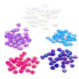 約9×8mm 50個入 アクリルビーズ ハート オーロラカラー 穴1.6mm 全5色 / カラフル 虹色 手芸 プラビーズ スペーサー LOVE バレンタイン きらきら ブルー ピンク 紫 ホワイト 白 バイオレット 【ゆうパケット対応】