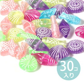30個入 アソート マリンモチーフ アクリルビーズ クリアカラー 穴約1.5mm / カラフル 透明 ミックス 手芸 プラビーズ スペーサー 海 貝 タツノオトシゴ ヒトデ 巻貝 夏【ゆうパケット対応】