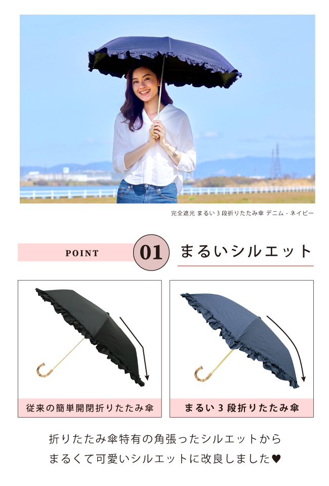 楽天市場】日傘 完全遮光 まるい3段折りたたみ傘 （デニム＆リネン風
