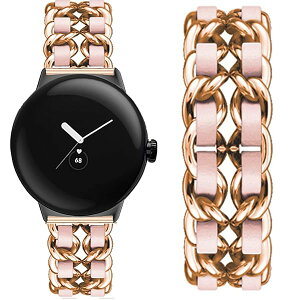 Lamsaw for Google Pixel スマートウォッチ バンド, 革プラスメタル ベルト 鎖状デザイン交換バンド 対応 Google Pixel/pixel watch 2/pixel watch 3(41mm)ウォッチ (ローズゴールド-