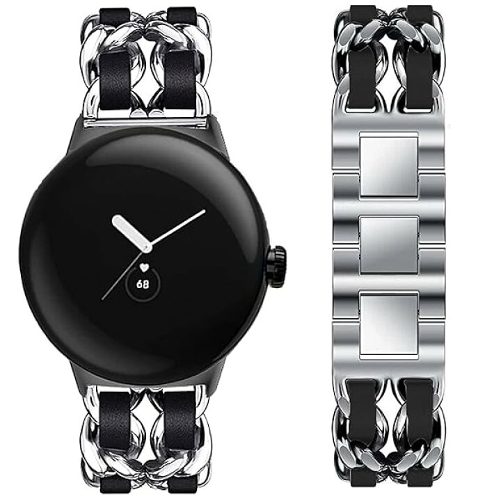 Lamsaw for Google ピクセルウォッチ 3 バンド, 革プラスメタル ベルト 鎖状デザイン交換バンド 対応 Google Pixel watch 3 45mm ウォッチ シルバー ブラック ピオマーケット