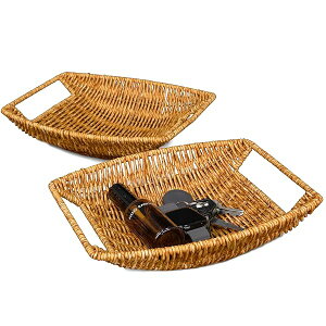 myHomeBody 小物収納バスケット、籐編みバスケット、小物置き、藤編みかご、玄関 鍵置き、収納カゴ、アクセサリートレイ、メガネ置き、お菓子入れ、フルーツトレー、2個セット - アンバー