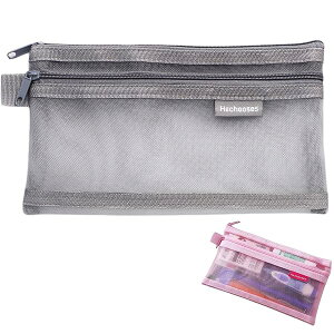 DEVENTORZ ペンケース メッシュ 透明 メッシュポーチ メッシュケース 大容量 文房具 シンプルさ ファッション 子供 成人 (グレー)