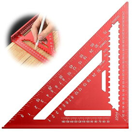三角定規 木工 2色あり 赤 ブラック 直角定規 丸鋸定規 アルミ合金製 0-90度 多角度調整可能 両面目盛り 高精度 耐衝撃 丈夫で耐久性がある 建築 DIY 大工作業用 (赤)