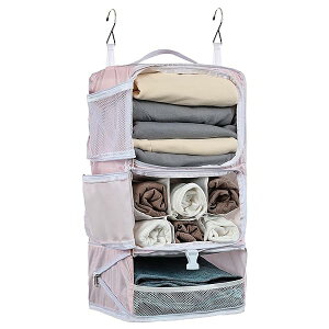 TABITORA(タビトラ) 収納ボックス 吊り下げ インナーバッグ 衣類 つりさげ 収納 ラック 旅行 出張 持ち運べるクローゼット 省スペース 大容量 3段 衣装ケース オーガナイザー (Pink, XL)