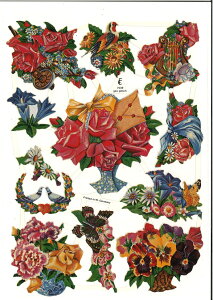 ドイツ製 クロモス☆フラワーアレンジメント 鳥 蝶☆(Blumen 50er Jahre)デコパージュ コラージュ スクラップピクチャー ダイカット エンボス アンティーク