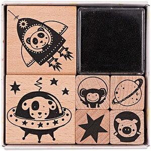 【在庫限り】RICO RESIGN スタンプ6個入りセット☆宇宙 ロケット UFO 動物 パンダ ネズミ ネコ サル(STAMP SET ASTRONAUT)☆★木製★プレゼント★クラフト★雑貨★保育園・幼稚園・先生【宅配便