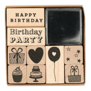 RICO DESIGN スタンプ9個入りセット☆誕生日 バースデー パーティ プレゼント(Stamp set Birthday)☆木製 プレゼント クラフト 雑貨【宅配便のみ発送可】