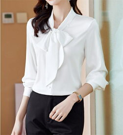シルクタッチ Vネックシャツブラウス レディース 長袖 シャツ 体型カバー おしゃれ 無地 ボウタイ付 トップス ゆったり インナー ブラウス プルオーバー 大人気 シンプル オフィス カジュアル 通勤 入学式 フォーマル