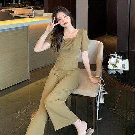 オールインワン パンツ レディース サロペット ロング ワイド パンツ 夏 ゆったり きれいめ Vネック半袖 リゾート ワンピース 無地 シンプル おしゃれ 人気 旅行 水遊び 海 旅行