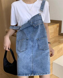 サロペットワンピース ミディアム ジャンパースカート ワンピース デニム Aライン オーバーオール サロペットスカート ゆったり 体型カバー 可愛い 綺麗め お洒落 ポケット