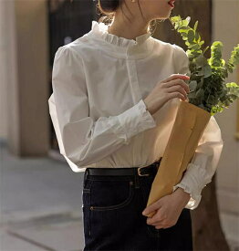 フリル シャツブラウス レディース 長袖 シャツ 体型カバー おしゃれ 無地 トップス ゆったり インナー ブラウス プルオーバー シンプル オフィス カジュアル 通勤 入学式 フォーマル