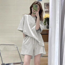 サマー セットアップ ルームウェア トップス パンツ 2点セット 良質素材 ゆったり 大人気 体型カバー 夏おしゃれ 通気性 快適 無地 ゆったり 部屋着 ルームウェア ポーツ風 薄手 送料無料！
