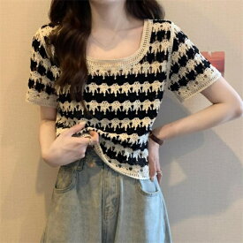 ニット Tシャツ レディース Uネック 半袖 シャツ カジュアル インナー トップス カットソー おしゃれ シンプル 体型カバー 新作服 秋服 春服 送料無料!