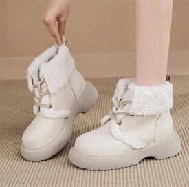 ムートンブーツ レディース 編み上げ ショートブーツ ファーブーツ 内ボア フラットヒール シューズ ローヒール 痛くない 防滑 保温 防寒 あたたかい もこもこ 靴 黒 ブラック