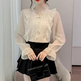 フリル ブラウス レディース 長袖 シャツ 体型カバー おしゃれ 無地 トップス ゆったり インナー ブラウス プルオーバー大人気 シンプル オフィス カジュアル 通勤 入学式 フォーマル