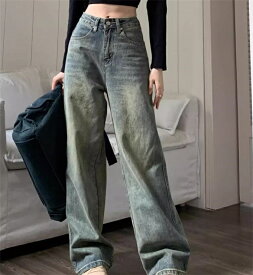 デニム ワイドパンツ レディース ハイウェスト ロングパンツ ジーンズ ポケット付き 春夏秋冬 ゆったり ストレッチ ガウチョパンツ 脚長シルエット 体型カバー ボトムス ブルー おしゃれ