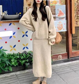 ニットセットアップ レディース 長袖 セーター ニット スカート 上下セット ゆったり きれいめ ニット 通勤 カジュアル ゆったり 暖かい お洒落 無地 体型カバー フォーマル 上品 冬服 大人カジュアル お出かけ