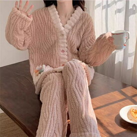ルームウェア レディース 上下セット もこもこ パジャマ 長袖 ボア ナイトウェア 部屋着 可愛い ふわふわ 女性 冬 肌触り パジャマ 裏起毛 前開きあったか パジャマ 暖かい 大人気 プレゼント 2点セット