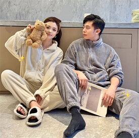 ふわふわ ペアパジャマ カップル ルームウェア 上下セット もこもこ パジャマ 長袖 ボア ナイトウェア 部屋着 可愛い 女性 男性 肌触り 裏起毛 暖かい プレゼント 2点セット 秋冬新作 体型カバー