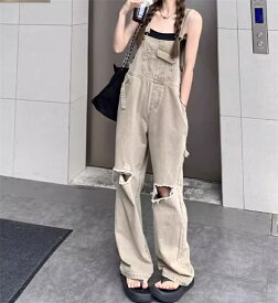 サロペット パンツ オーバーオール ボトムス レディース オールインワン ワイド サロペット ストレッチ ダメージ デニムパンツゆったり 体型カバー 可愛い 綺麗め カジュアル 夏新作 大人可愛い オシャレ送料無料！
