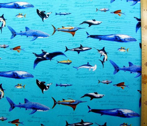 楽天市場 プリント生地 海のギャングたち ブルーグリーン オックス 綿100 生地幅 約110cm 海 ウミ うみ クジラ イルカ ジンベイ サメ マグロ エイ とびうお 魚 サカナさかな カッコイイ かわいい 可愛い 男の子 女の子 子供 入園 入学 手芸のピロル