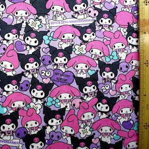 キャラクター 生地 布 マイ メロディ 50th ・クロミ 20th ( パープル系 ) 柄番号124( 2025 ) オックス ( 綿100% ) 生地幅−約108cm (マイメロディ生地 マイメロディ 生地 クロミ くろみ マイメロ )