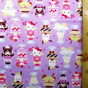 キャラクター 生地 布 サンリオ キャラクターズ ( パフェ パープル系 ) 柄番号60 ( 2025 ) オックス ( 綿100% ) 生地幅−約108cm ( キティ生地 キティ 生地 キティ マイメロ キキララ シナモン ポ