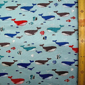 プリント生地 ホエール ウォッチング( ブルーグレー系 ) オックス(綿100%)生地幅−約108cm ( クジラ くじら 魚 海 動物 アニマル かわいい おしゃれ 男の子 女の子 子供 入園 入学 )