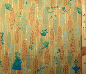 キャラクター 生地 布 ムーミン( 流れるままに ) ( マスタード系 ) 柄番号38 ローン( 綿100% ) 生地幅−約108cm ( ムーミン生地 ムーミン 生地 ま ニョロニョロ スナフキン ミイ )