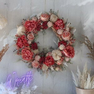 ドライフラワーテイスト ピオニーとバラのリース  ピンク 造花 玄関 壁掛け ウェルカムフラワー ウェルカムリース 結婚式 クリスマスリース クリスマスプレゼント 贈り物 誕生日 フラワー