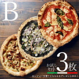 本格 石窯 お試し3枚Bセット（マルゲリータ、イカスミ、ごぼう＆チキン） 送料無料直径約20センチ イタリア産小麦粉 450℃の薪窯で焼く本格ナポリピッツァ レビューを書くともらえるプレゼント付き♪