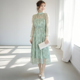 結婚式 ドレス ワンピース パーティードレス お呼ばれ パーティドレス Aラインドレス レースドレス 大きいサイズ 10代 20代 30代 ロング丈 ミモレ丈 長袖 低身長 小さいサイズ S M L 体型カバー 袖あり ボウタイ フォーマルドレス