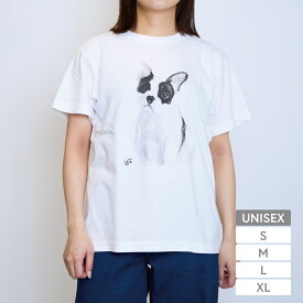 再入荷！【Place D' UJI】「フレンチブルドッグ 」Tシャツ 犬 ドッグ モノトーン ユニセックス 男女兼用 高品質 ホワイト プリント レディース メンズ 半袖 綿100%
