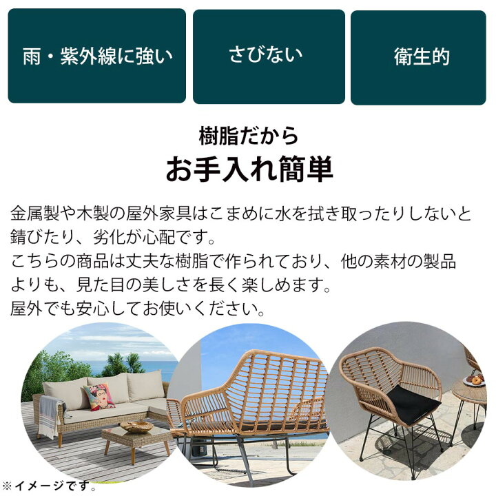 楽天市場 ラタン調ガーデン4点セット テーブル チェア 屋外テーブル 屋外チェア ガーデンチェア ガーデンテーブル ガーデンソファ 椅子 イス 机 人工ラタン 籐調 おしゃれ ガーデン家具 庭家具 ガーデンファニチャー 脚ありソファ 1人掛け 2人掛け ベランダ Plank 楽天