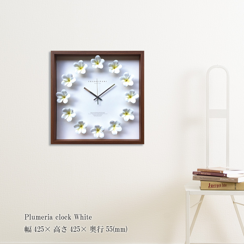 『掛け時計 Plumeria clock White』掛け時計 花 壁掛け 壁飾り プルメリア 壁掛け時計 造花 額縁 フレーム 木枠 正方形 おしゃれ ウォールクロック 飾る 記念 ギフト かわいい 結婚式 プレゼント 新品 模様替え 出産祝い 壁 掛け時計
