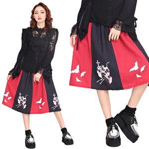 送料無料 パンクスカート ハロウィン コウモリ マジシャン Dead Cake柄 ハギ配色 フレア ミディ丈 スカート チアガール コスチューム 衣装 サーカス ピエロ 姫 ロリ コスプレ TDL ジャック ハー