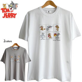 送料無料 トムとジェリー メンズ Tシャツ 半袖 6コマ マンガ コミック ごきげん お茶目 Tom&Jerry ねこ ねずみ 半袖 くすみカラー レディース ビッグTシャツ ペアルック レトロ ナチュラル アメコミ 双子コーデ 男女兼用 渋い 大人 アースカラー 白 ブラウン ベージュ