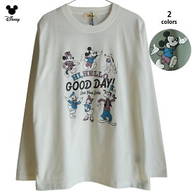 送料無料 ミッキー ミニー ドナルド デイジー プルート グーフィー ディズニー 長袖Tシャツ ロンT カットソー goodday ナチュラル くすみカラー アースカラー フレンズ disney レディース シンプル レトロ ペアルック 男女兼用 かわいい 白 カーキ 大人 TDL 春 秋