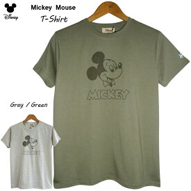 送料無料 ミッキーマウス Tシャツ ディズニー disney スマイル フェイス ミッキーハンド くすみカラー 半袖 レディース ペアルック レトロ モスグリーン ナチュラル 双子コーデ 男女兼用 かわいい ゆったり 大人 TDL 春夏 渋い シンプル コミック